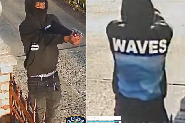 Photos released Saturday show the suspect with his face covered, wearing a sweatshirt emblazoned with the word “waves.”